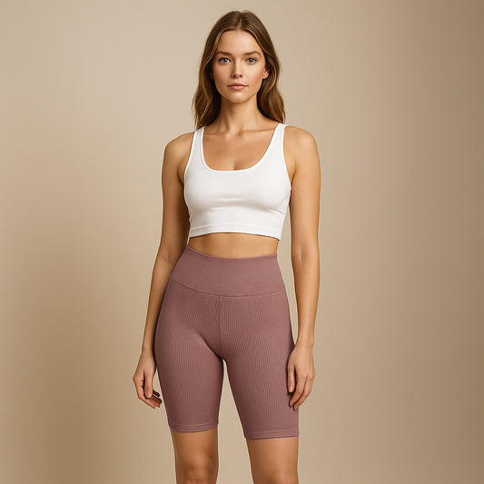 Kolarki prążkowane bawełniane BRUDNY RÓŻ z wysokim pasem LEGGINSY 1/2 sportowe