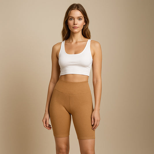 Kolarki prążkowane bawełniane BEŻOWE z wysokim pasem LEGGINSY 1/2 sportowe