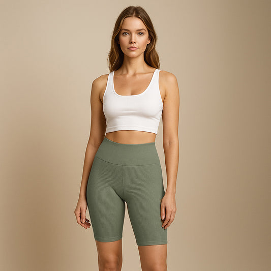 Kolarki prążkowane bawełniane SZAŁWIA z wysokim pasem LEGGINSY 1/2 sportowe