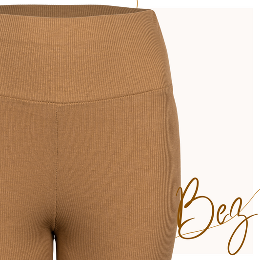 Kolarki prążkowane bawełniane BEŻOWE z wysokim pasem LEGGINSY 1/2 sportowe